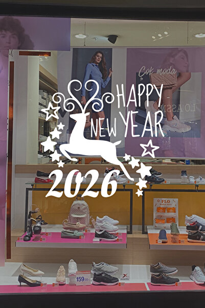 New Jargon Geyik Ve Happy New Year 2026 Yılbaşı Süslemeleri Yeni Yıl Vitrin Cam Sticker