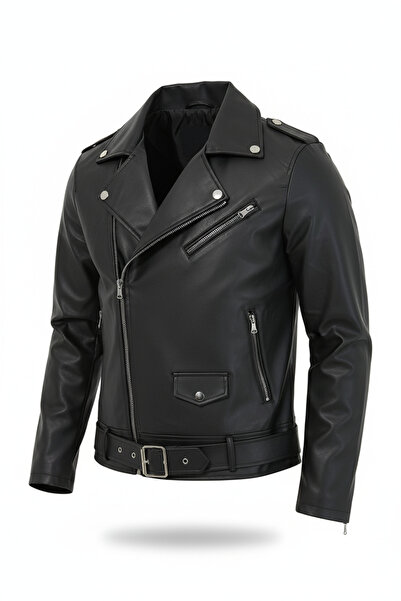 Mero Life Ανδρικό δερμάτινο μπουφάν μαύρο διαγώνιο με φερμουάρ