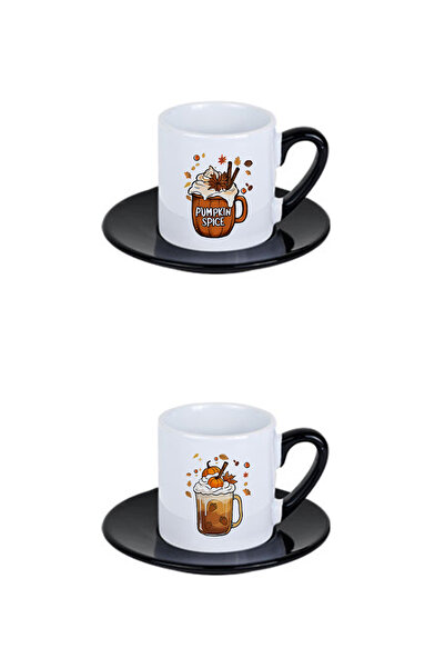giftkonsept Cute Ghosts Reading a Book Printed Black Handle 4-Piece Porcelain Turkish Coffee Cup Set