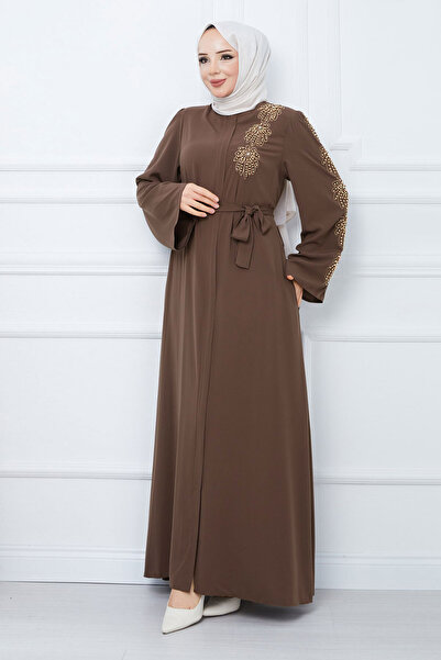 Tesettür Dünyası Χειτζάμπ Ferace TSD240203 Καφέ Χειτζάμπ Κεντημένη με Χάντρες