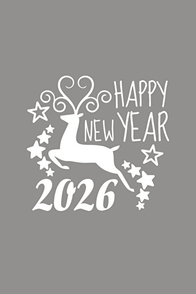 New Jargon Happy New Year 2026 Vitrin Süsü – Geyik Temalı Yılbaşı Cam Stickerı (Beyaz)