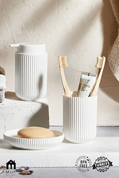 QLUX IDEAS Σετ μπάνιου 3 τεμαχίων/ Δοχείο υγρού σαπουνιού, θήκη οδοντόβουρτσας και δοσομετρητής στερεού σαπουνιού