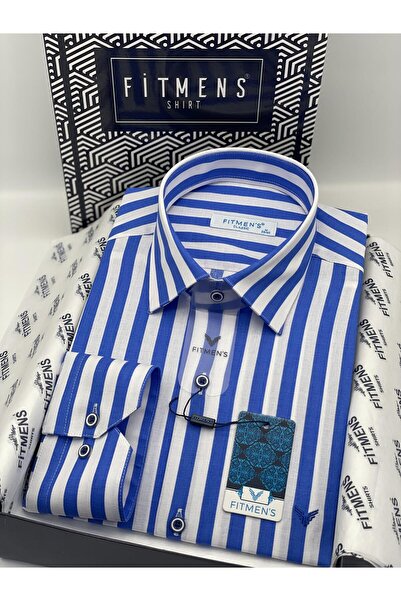 Fitmens Klasik Uzun Kol Çizgili Cepsiz Yaka Alttan Düğmeli Likralı Hediye Kutulu Erkek Gömlek FS-003175 - Sa