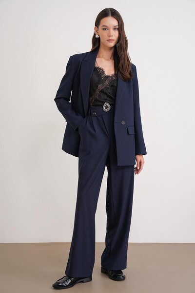 Mixray 4759 Women's Cross-Waist Flowy Wide-Leg Palazzo Pants Navy Blue