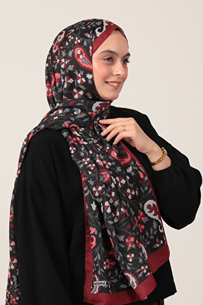 ipekistanbul Şal din mătase de bumbac - Model floral etnic - Negru Burgundy
