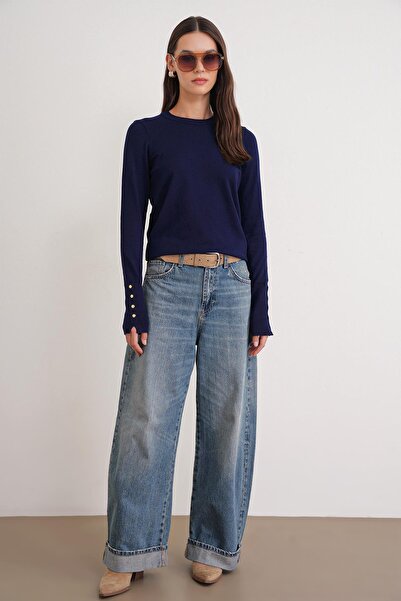 Mixray 6736 Γυναικείο πλεκτό πουλόβερ με λαιμόκοψη και μανίκια σε μπλε ναυτικό