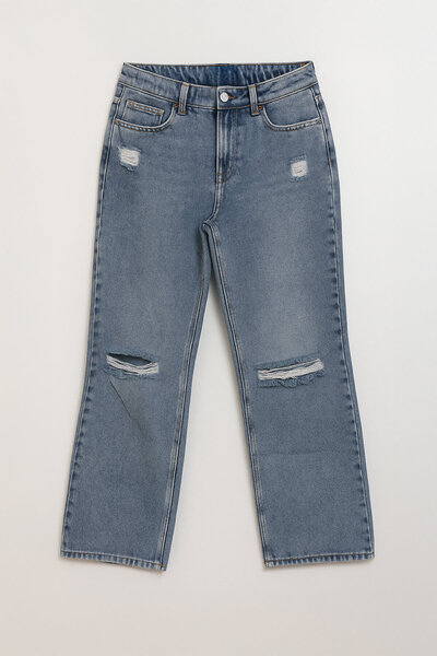 Bluewhite Women's High Waist Wide Leg Ripped Detailed Ice Blue Jean Trousers