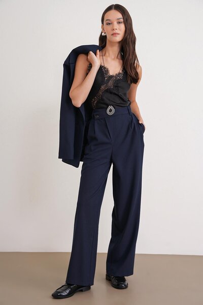 Mixray 4759 Women's Cross-Waist Flowy Wide-Leg Palazzo Pants Navy Blue