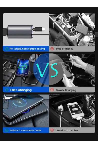 Generic 12/24V 120W Fast Car Charger with Retractable Charging Cable