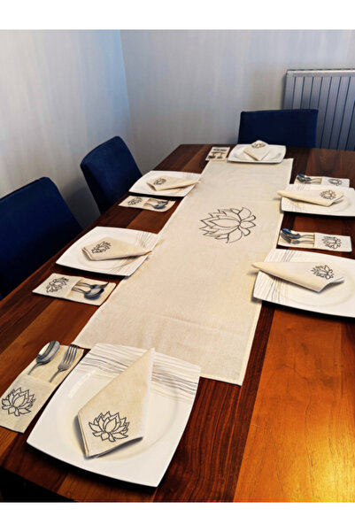 Menar Tasarım Dining Presentation Set 6-Person Tablecloth Set Runner Napkin Spoon Holder Lotus Flower Tableware