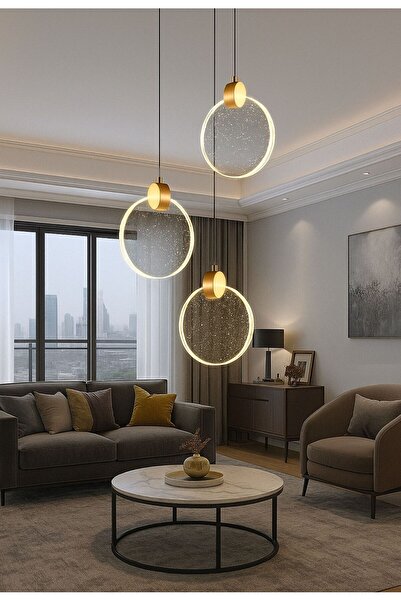 burenze Luxury Modern Üçlü Yuvarlak Sarkıt Kristal Camlı Led Avize Gold Sarı Ledli Avize