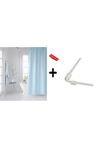 Zethome Banyo Perdesi Mavi 1x180x200, Perde Borusu Askı Aparatı Köşe Boru Bey...