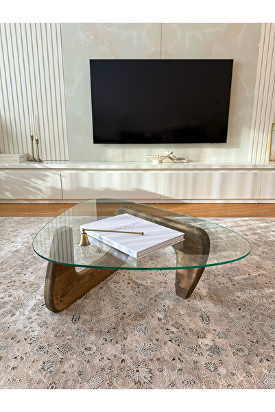 EFFE YAPI DEKOR Orta Sehpa - Ceviz Renkli Asimetrik Model 90X65 Cm ( Temperli Cam )