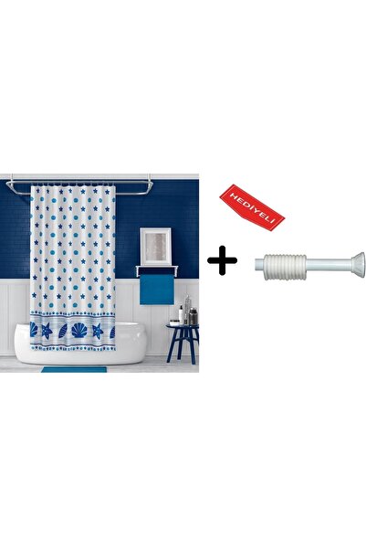 Zethome Banyo Perdesi Seti Mavi 110x200 Duş Perdesi , 90x130 Banyo Perde Boru...