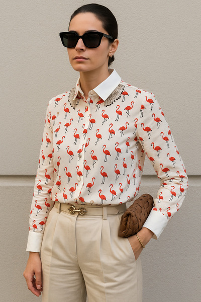 GZ Design Yakası Boncuk Püsküllü Flamingo Desenli Beyaz Gömlek