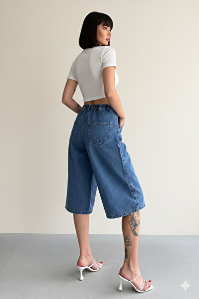 Lores Giyim Kadın Diz Altı Geniş Kesim Tek Cepli Denim Bermuda