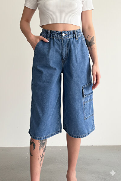 Lores Giyim Kadın Diz Altı Geniş Kesim Tek Cepli Denim Bermuda