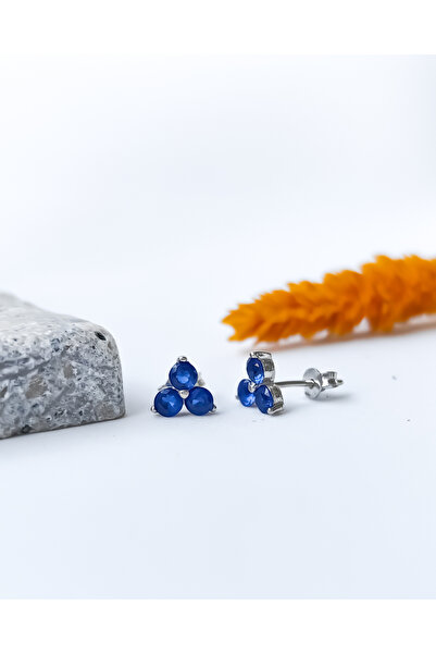 MEKS JEWELS Lacivert Taşlı Gümüş Üçtaş Küpe