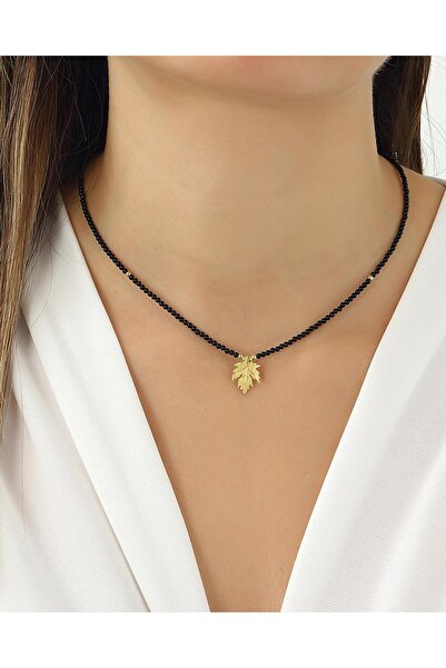 MEKS JEWELS Oniks Taşlı Gümüş Çınar Yaprağı Kolye
