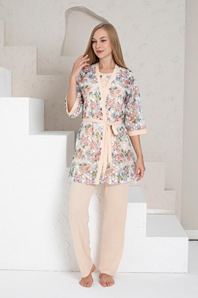 ALİMER ADATEKS SOMON 3'lü Sabahlıklı Çeyizlik Pijama Takımı