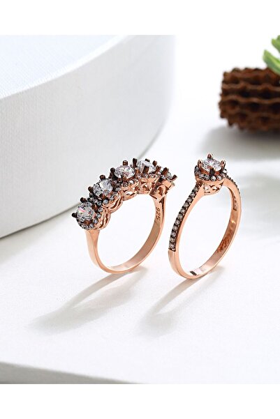 MEKS JEWELS Elmas Modeli Gümüş Tektaş Beştaş Yüzük Kombini