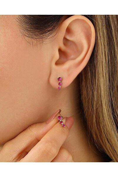 MEKS JEWELS Kırmızı Taşlı Gümüş Süzme Küpe