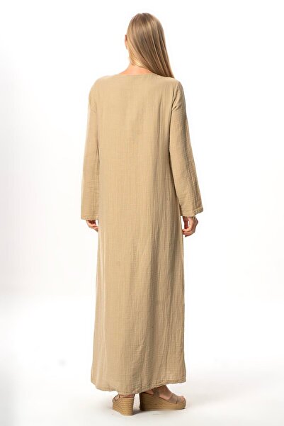 Eliş Şile Bezi Μακρυμάνικο φύλλο V λαιμόκοψη εμπριμέ μουσελίνα Μακρύ αυθεντικό καλοκαιρινό φόρεμα Mink/Khaki Vzn/Hk