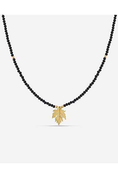 MEKS JEWELS Oniks Taşlı Gümüş Çınar Yaprağı Kolye
