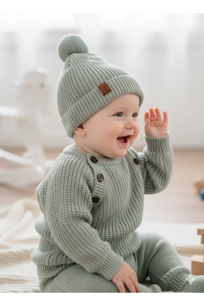 BİLGEN Style Baby Boy Knitwear Selani̇k Knitted Hat Winter 3-Piece Set