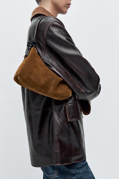 Massimo Dutti Küçük kalın süet deri çanta