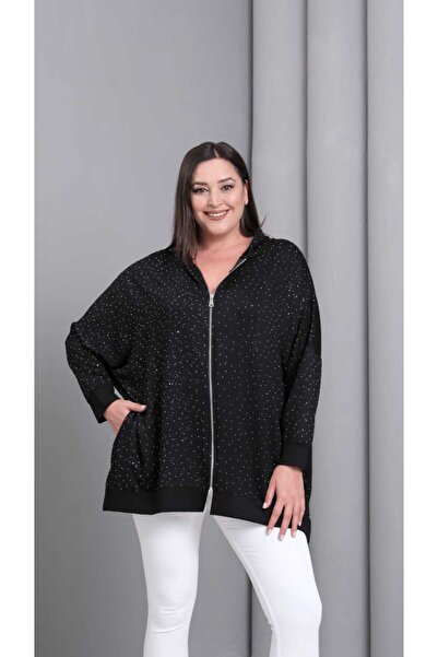 Esina Women's Crystal Fabric Front Zipper Sweatshirt with Stone Detail