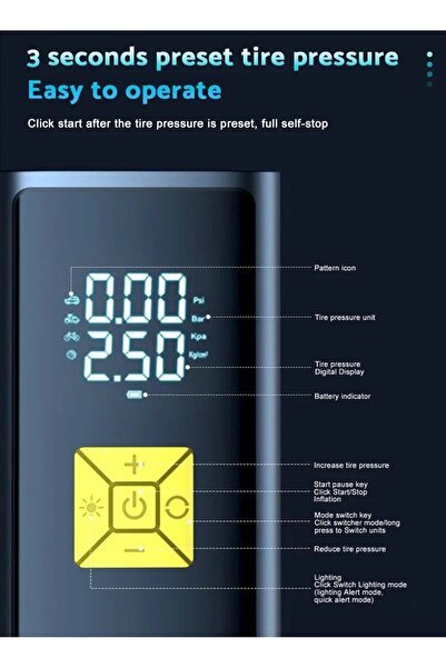 Generic Car Tyre Inflator Air Compressor 150 PSI with Auto Stop & LED Light, LCD Dual Screen