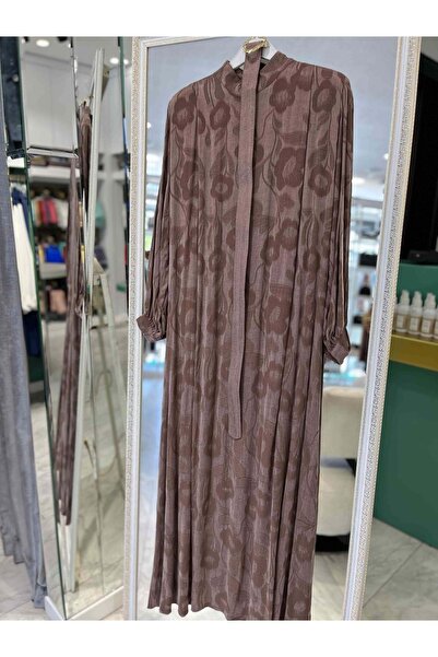 MERAM BUTİK PUANE İPEK CUPRA GÜL DESENLİ ELBİSE - KAHVERENGİ - M