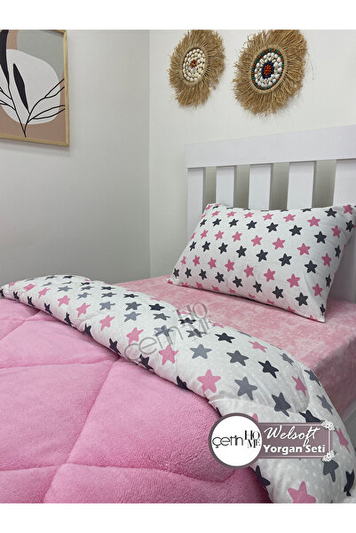 Çetinhome Single Reversible Welsoft Quilt with Pillow Case Soft Surface 155x215cm Star Pink