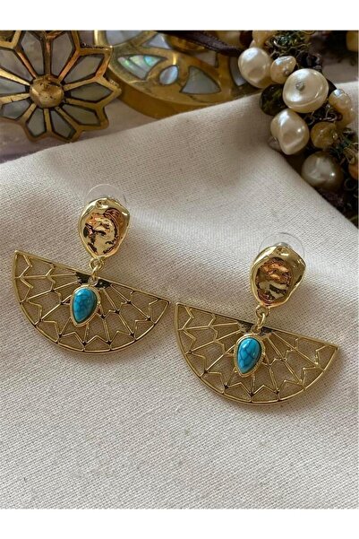 mos&more Gold Mavi Taşlı Vintage Yelpaze Kadın Küpe