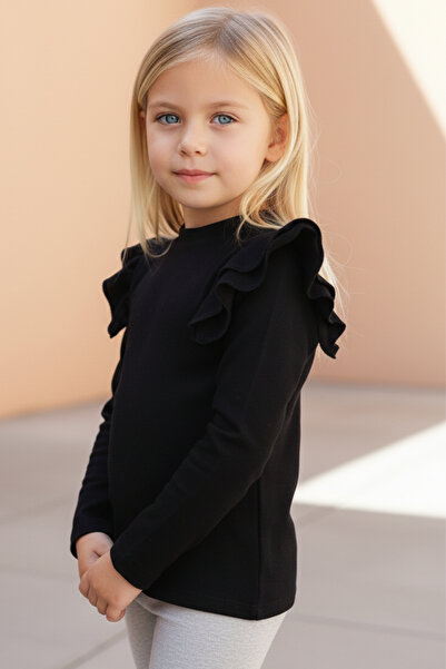 Parla Kids Kız Çocuk Siyah Omuz Fırfırlı Bisiklet Yaka Body Sweatshirt