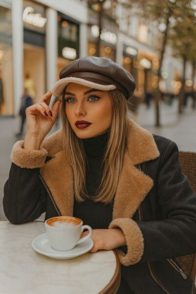 Axesoire 14670 Siper Altı Bej Peluş Kahverengi Deri Kasket Kaptan Şapka