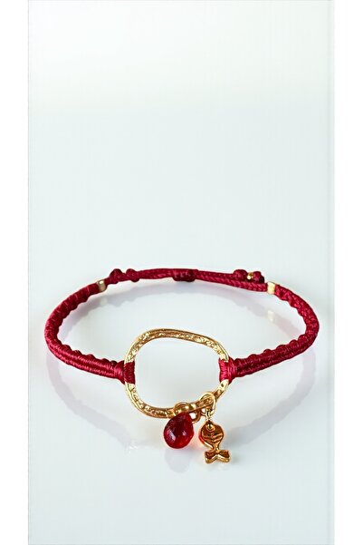 Bensei Takı Dükkanı Bensei Red Bracelet with Red Glass Beads and Brass Fish Accessories - New Year Collection