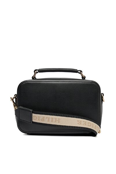 Tommy Hilfiger Women's Leather Brand Logo Zippered Daily Use Black Shoulder Bag AW0AW15689-BDS