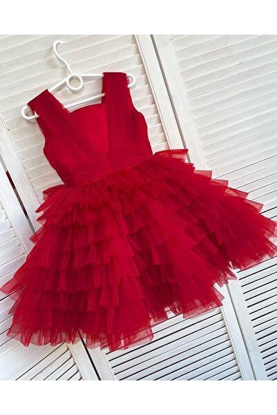 Asel Kids Kız Çocuk Kırmızı Tül Tasarım Elbise