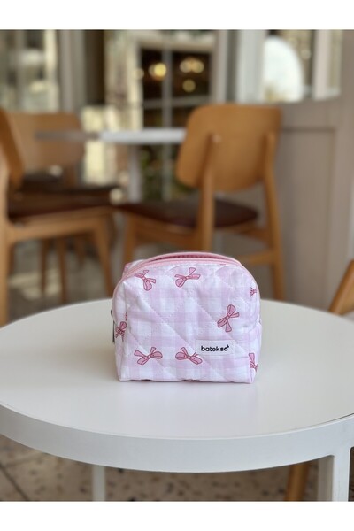 Batekso Pink Gingham Ribbon Patterned Makeup Bag - Small Size