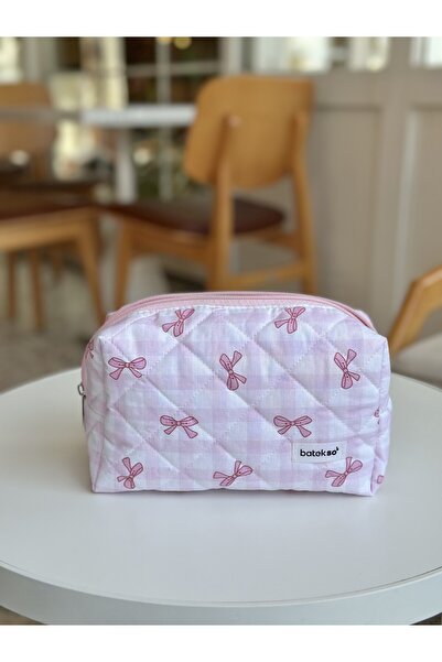 Batekso Pink Gingham Ribbon Patterned Makeup Bag - Large Size