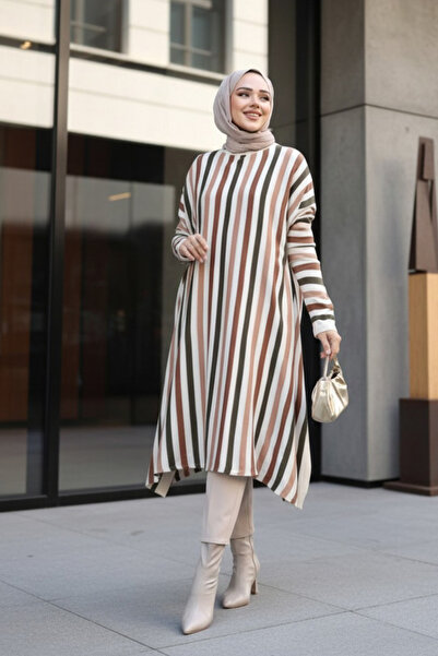 N.S NEVA STYLE تونيك تريكو مخطط باللون الكريمي 56751KR