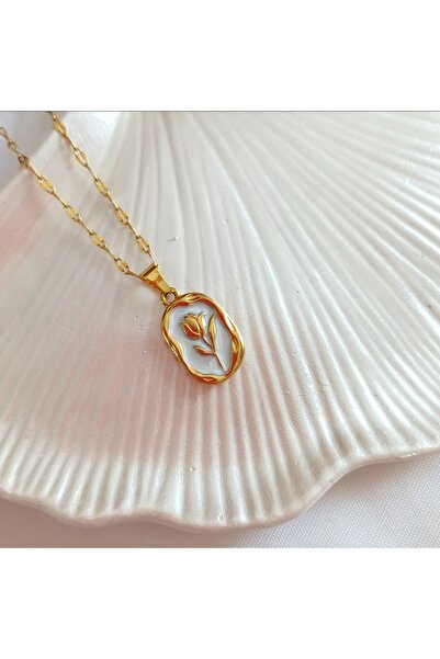 stainless steell Gold Rose Detailed Steel Necklace White