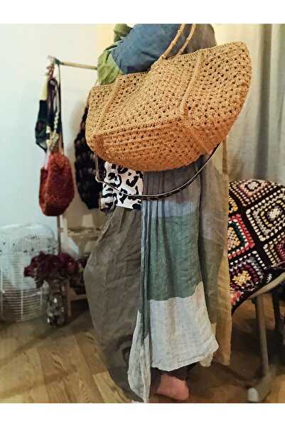 simarikcraft El örgüsü hasır çanta | Büyük Boy, Bambu Saplı Çanta