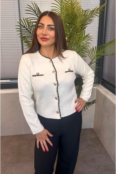 MİR STORE Auger Stripe Special Processing Buttoned Ecru Cardigan