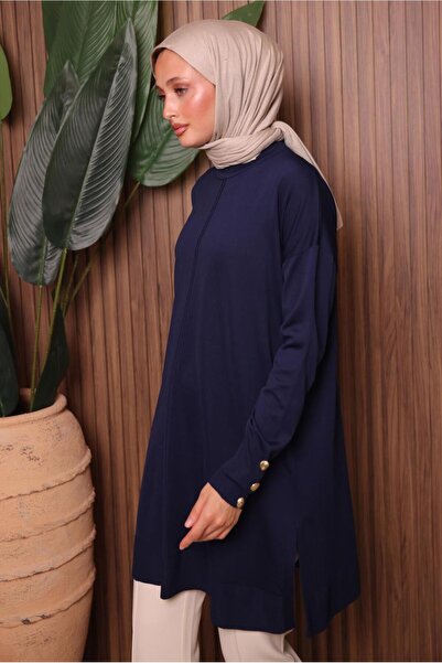 TRENDTESETTÜR ЖІНОЧА СИНЯ ТУНІКА З ДЕТАЛЬЮ У ВИГЛЯДІ ГУДЗИЧКІВ T 5007