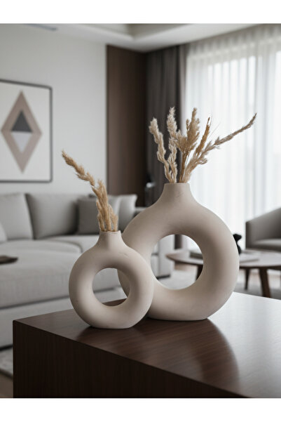 OEM Beyaz Seramik Halka Şeklinde Mercan Vazo Seti (2 Parça)