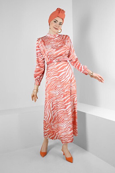 Alvina ZEBRA PATTERNED BELTED SATIN DRESS 43656