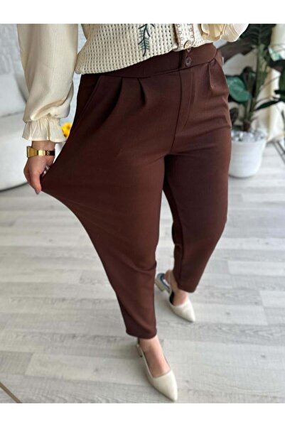 Club Floral Fashıon Kadın Çift Düğme Pileli Havuç Kalıp Full Likra Günlük Kahverengi Pantolon